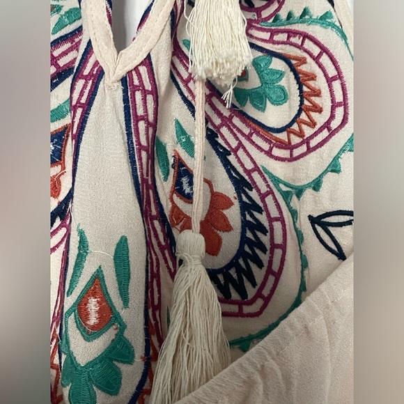 NWT Lightweight Embroidered High Neck Gauzy Taupe Maxi Dress Boho Festival - Picture 3 of 5